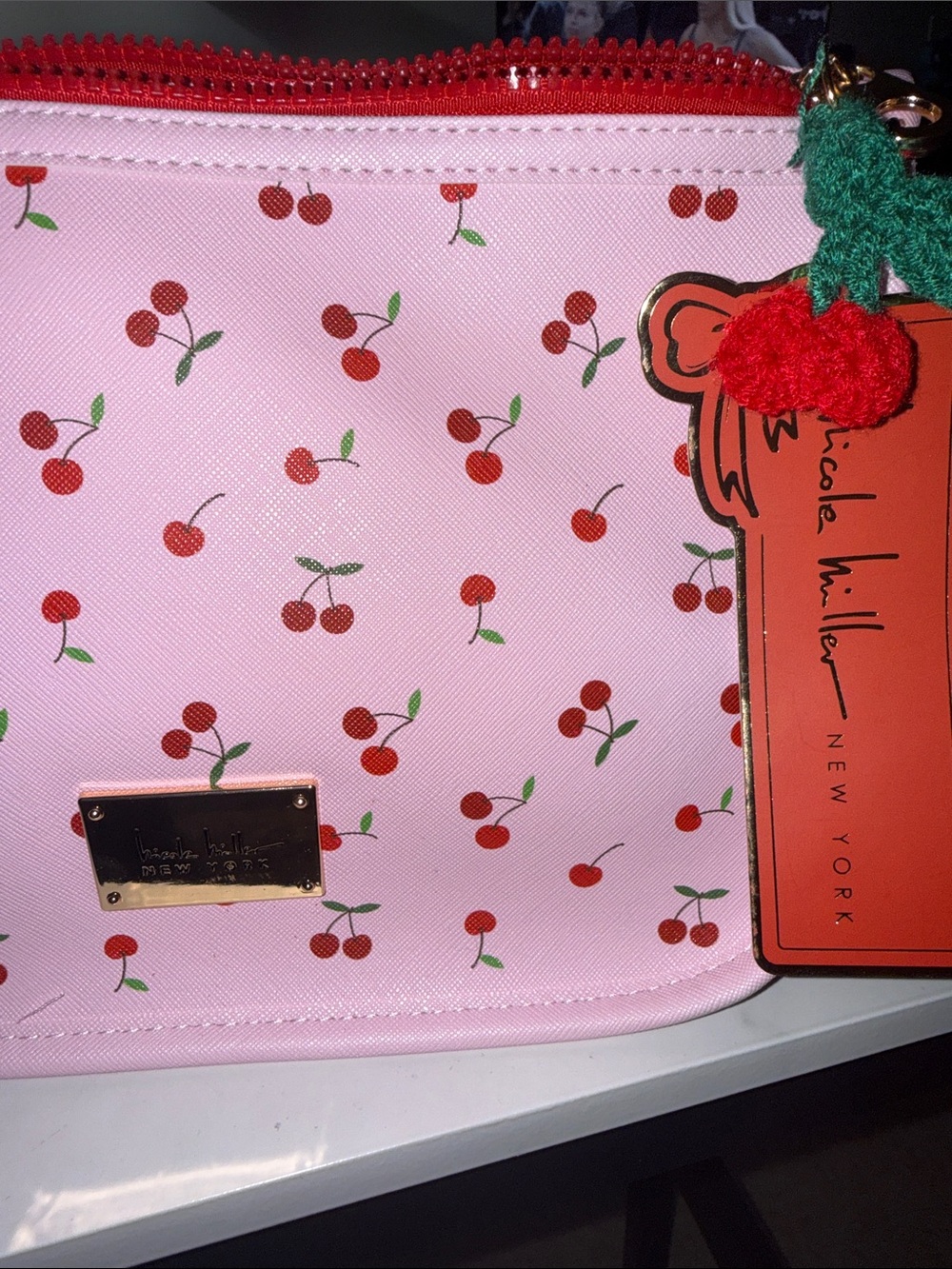 Nicole Miller Pink Cherry Cosmetic Pouch with Crochet Cherry Bag Charm